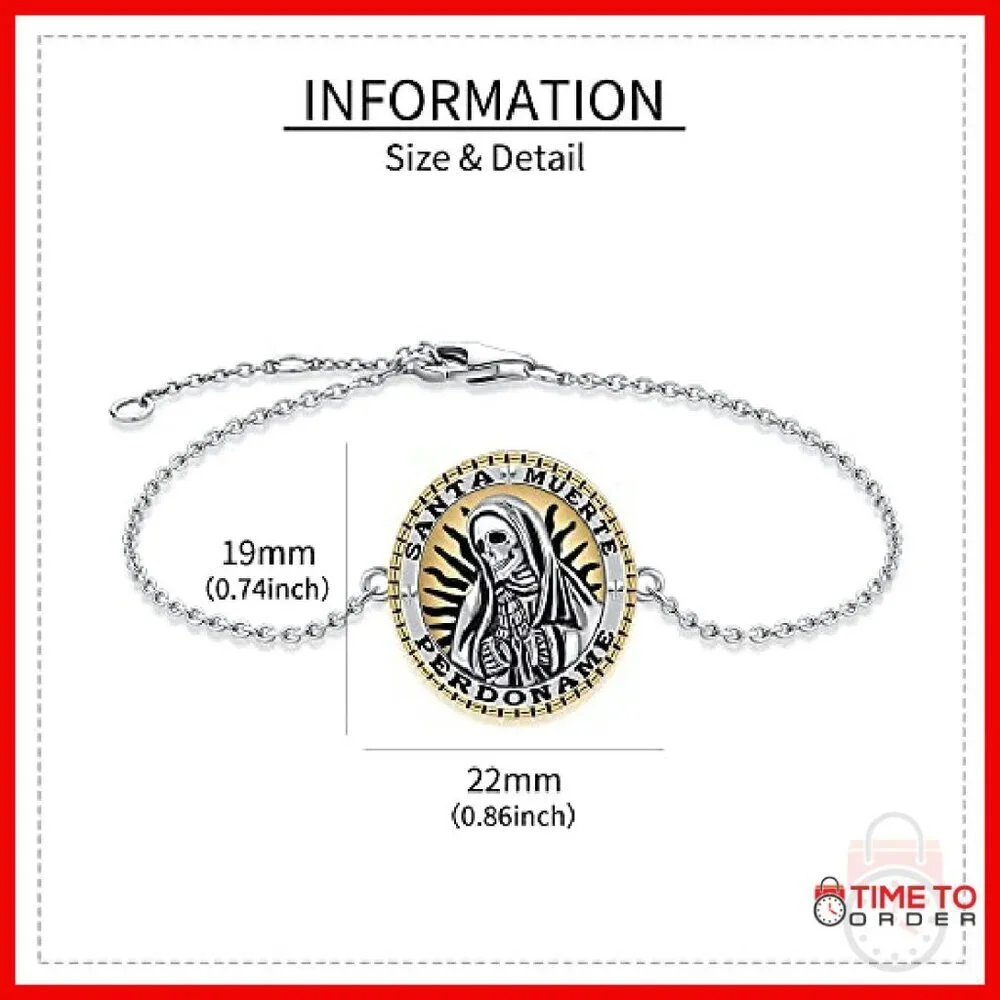 925 Sterling Silver Santa Muerte Charm Bracelet Adjustable Cable Chain